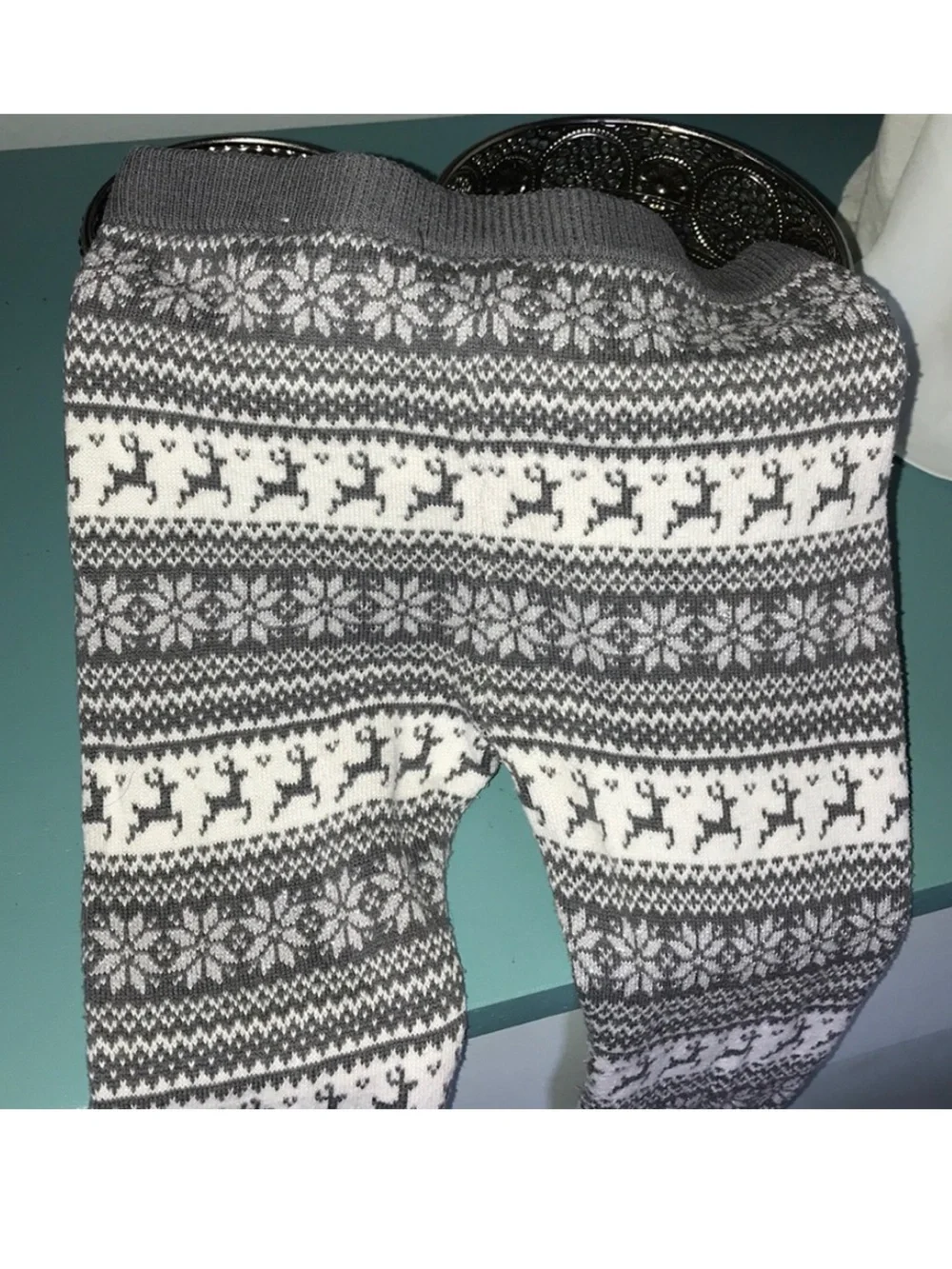Girls S silver grey white sparkle reindeer snowflake leggings Fair Isle Leggings